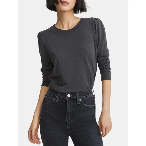 VERONICA BEARD Mason Baseball Tee Top Puff Sleeves Gray Brown Crewneck - Picture 1 of 11